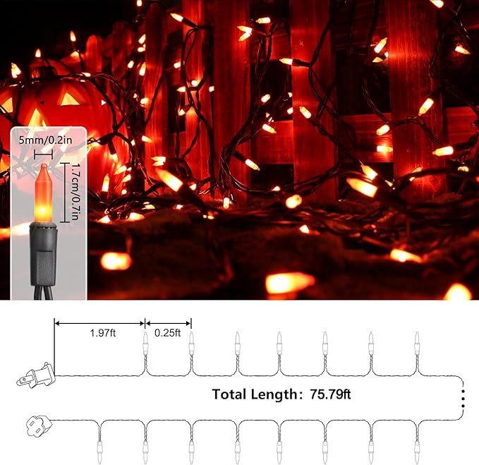 Toodour Orange Halloween Lights, 75ft 300 Count Incandescent Halloween String Lights, UL Certified Connectable Mini Bulbs Orange String Light for Home, Garden, Porch, Party, Indoor Decorations