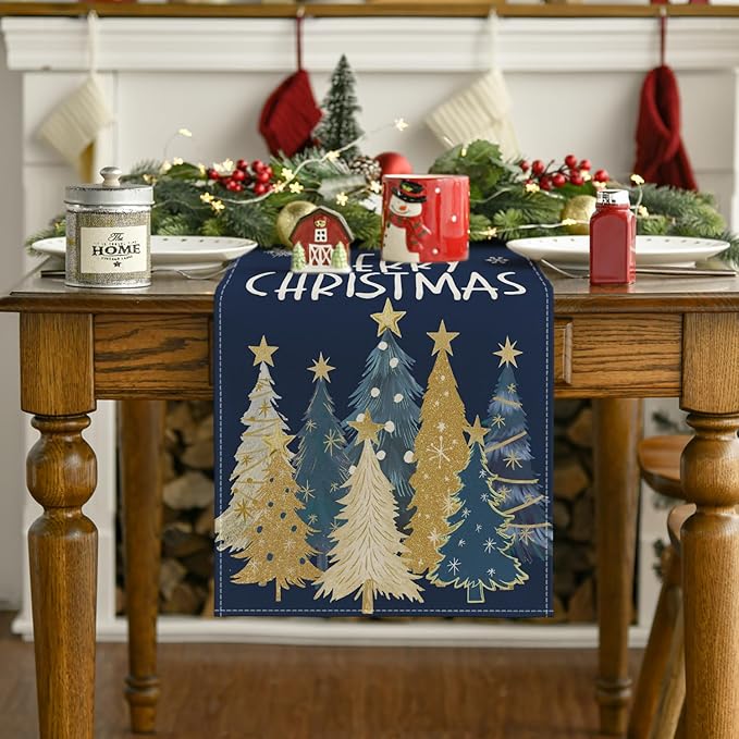 Artoid Mode Xmas Trees Snowflakes Blue Merry Christmas Table Runner, Winter Seasonal Kitchen Dining Table Decoration for Home Party Decor 13x72 Inch
