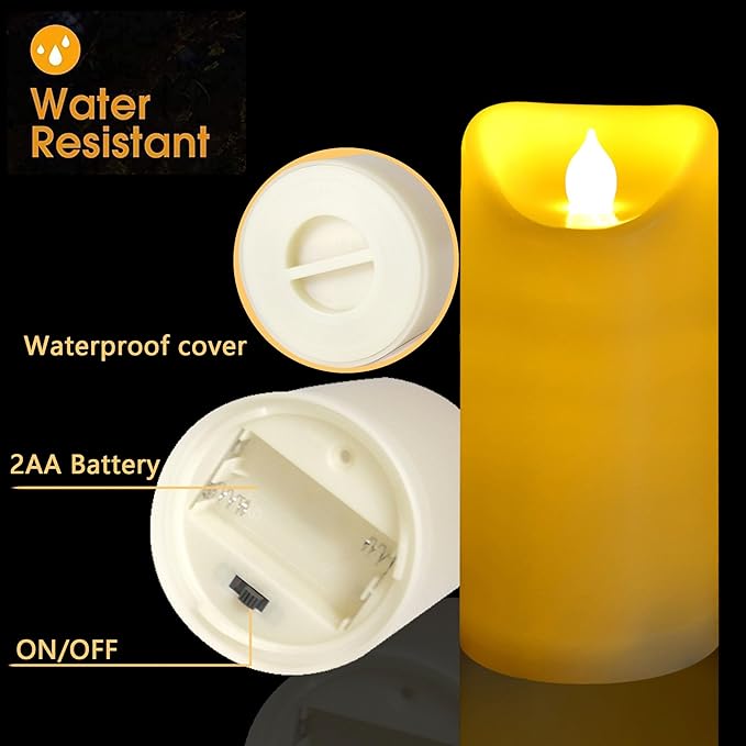 CANDLE CHOICE Outdoor Battery Operated Flameless Candles with Remote Timer Waterproof Flickering Plastic Electric LED Pillar Lights for Lantern Patio Garden Wedding Party Decorations 3x7 Inches 2 PCS