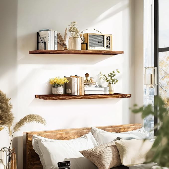 Floating Wall Shelves 2-Pack - 36-Inch Rustic Brown Wooden Shelves for Storage and Décor, Easy Installation for Living Room, Bedroom, and Kitchen
