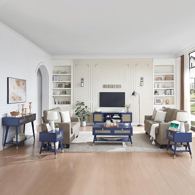 Mid Century Modern Entertainment Center, Blue TV Stand for TVs up to 75", Boho Tv Furnitures with Storage Cabinet and Shelves, Tv Console Media Center with Gold Metal Mesh Doors for Living Room