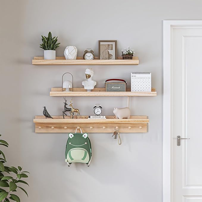 MBYD Wood Wall Shelf With Hooks Floating Shelves for Wall Bathroom Shelves Wall Mounted Nursery Floating Bookshelf for Kids Room Toy Storage Shelf for Bedroom Picture Frames Kitchen (Natural, 36 Inch)