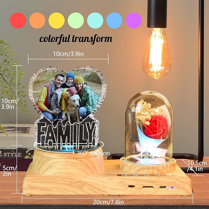 Personalized 3D Crystal Photo Gift with Family Photo, Unique and Meaningful Gift, Birthday Gift, Commemorative Gift, Decoration Sound Atmosphere Lighting, Bouquet Photo Ornament