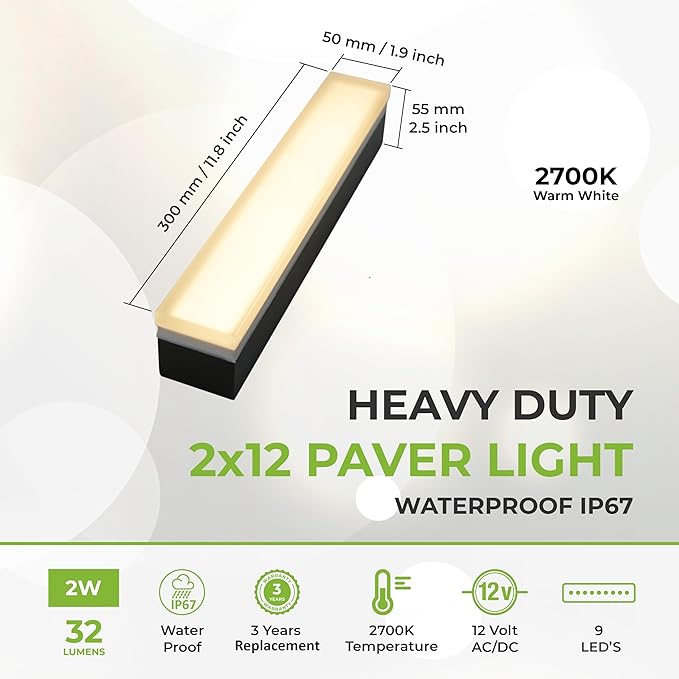 LUMENGY Paver Light 2×12 Inch (1.97 inch X 11.81 inch), 2700K Warm White Glare-Free Illumination for Driveways, Pathways, Pool Deck & Patios,12V AC/DC, Waterproof & Drive-Over Rated
