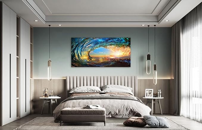Cao Gen Decor Art S06750 Giant Wave Water Wall Art Canvas Prints 1 Panels Ocean Waves Pictures Paintings with Sunset Blue Seascape Framed for Living Room Bedroom Kicthen Office Artwork
