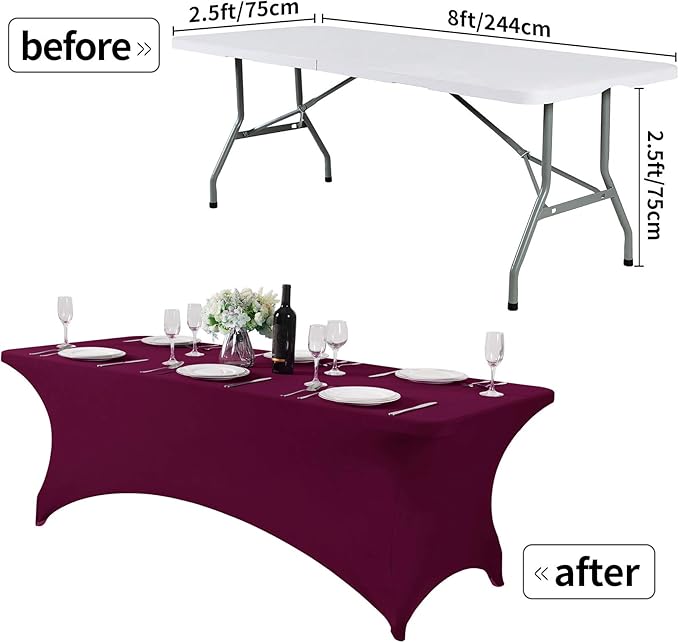 2Pack Spandex Table Cover for 8FT or 4ft or 6ft Table Universal Fitted Stretch Tablecloth for Party, Banquet, Wedding and Events-Burgundy