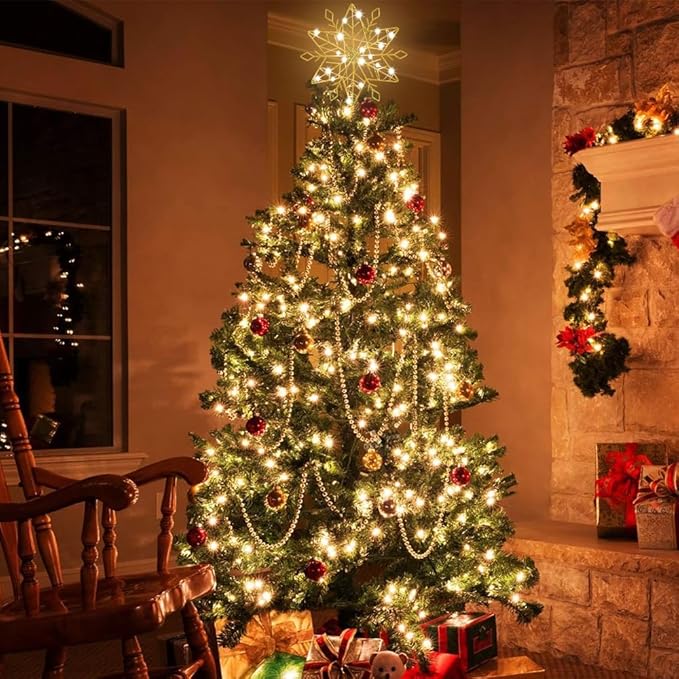 hogardeck Christmas Tree Topper, 10 Inches Lighted Gold Snow Tree Topper, 20 LED Lights Gold Glitter Powder Snowflake Tree Toppers Christmas Decorations, Battery Powered Timer Xmas Treetop Star Decor
