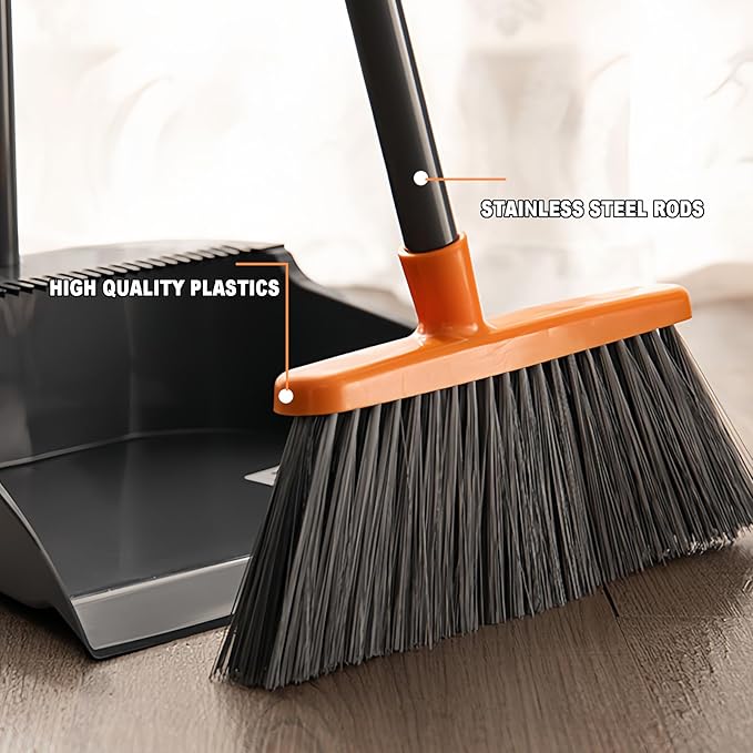 Small Broom Stiff Bristles Brush with Long Handle Indoor or Outdoor Compact Broom for Sweeping Patio Garage Garden,Deck,Concrete Floor,Bathroom (Orange)