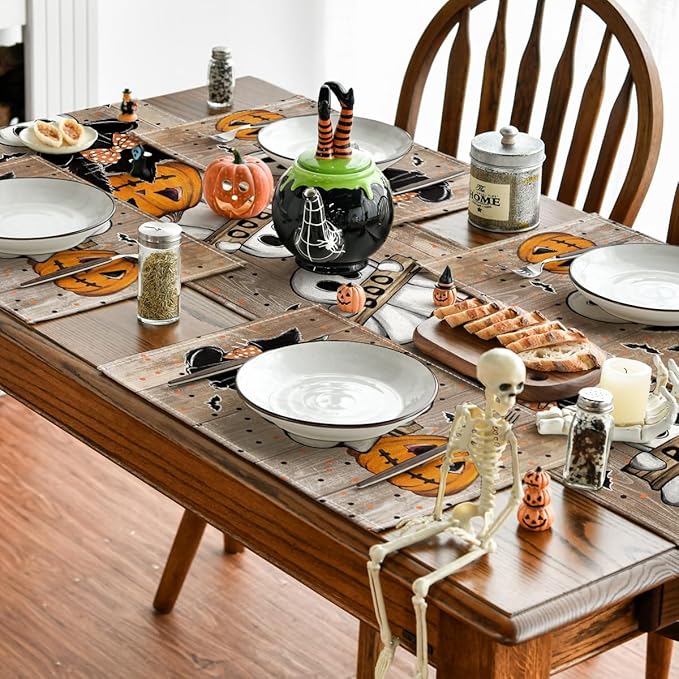 Artoid Mode Wood Polka Dot Ghost Cat Boo Halloween Placemats Set of 4, 12x18 Inch Seasonal Table Mats for Party Kitchen Dining Decoration
