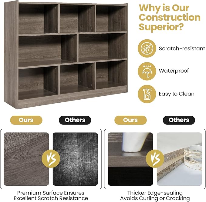 Tangkula 8-Cube Bookcase, Wood 3 Tier Open Storage Bookshelf, Modern Multipurpose Display Cabinet for Living Room, Study, Reading Nook, 48 x 12.5 x 36.5 Inch, Grey