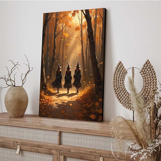 Three witches walking in the forest in autumn canvas painting gothic poster halloween print country witch wall art for home decoration16x24in Wood Framed