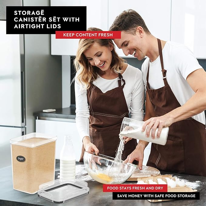 Extra Large Flour and Sugar Storage Containers 6.5L - 220 Fl. Oz 2 Pc Plastic Bulk Airtight Food Storage Rice Containers With Lids - Kitchen Pantry Organizer and Storage Canisters, Marker and Labels