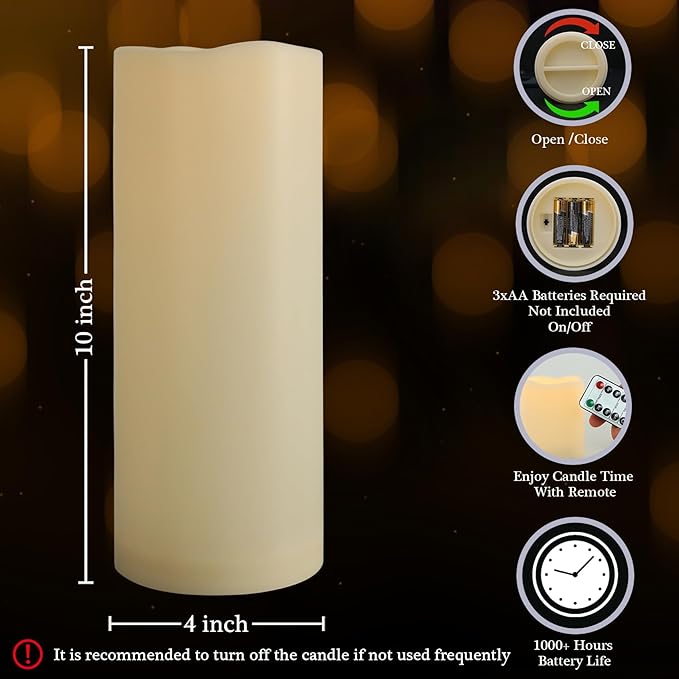 4" x 10" Large Outdoor Flameless Candles with Remote and Timer, Flickering Battery Operated LED Flameless Pillar Candles for Lantern, Porch, Patio, Ivory, 1 Pack
