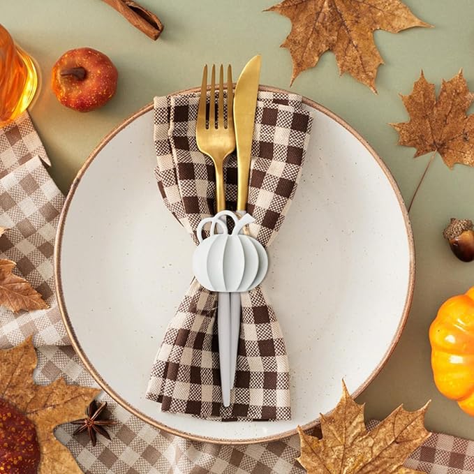Halatool Set of 12 Thanksgiving Napkin Rings- Fall Harvest Pumpkin Napkin Holder, Alloy Dinner Tables Napkin Ring Decoration for Thanksgiving Weddings Holidays Gathering Party (White)