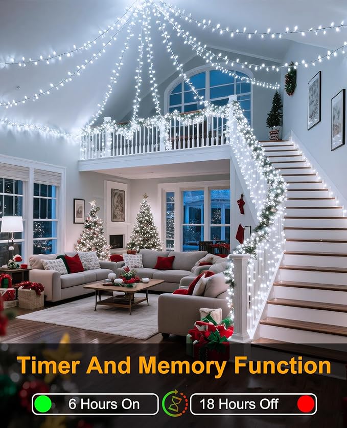 197FT 600 LED Christmas Lights Outdoor, Plug in Christmas Tree Lights 8 Modes, Waterproof Green Wire String Twinkle Lights for Indoor House Patio Yard Party Wedding Holiday Decorations, White