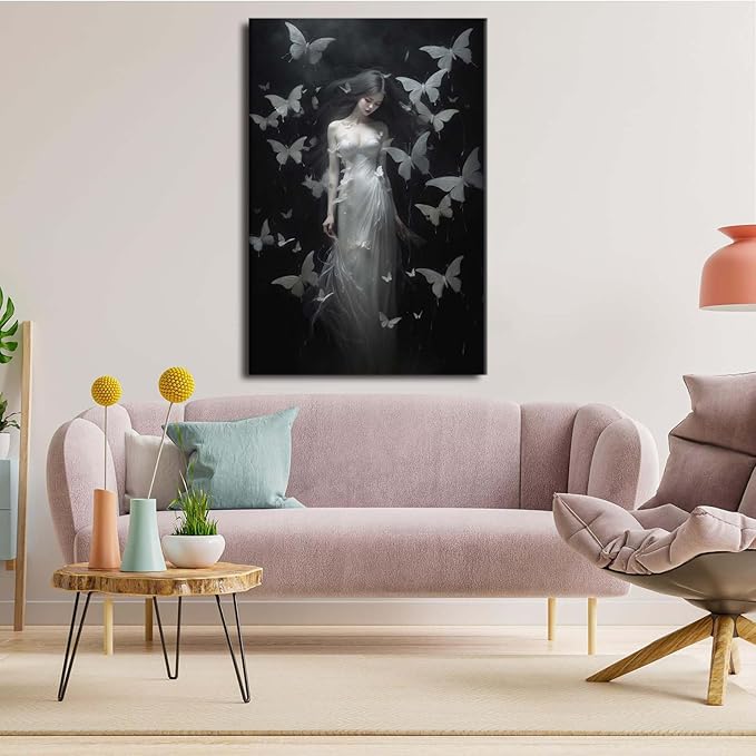 Vintage Gothic Feminine Canvas Wall Art Print Butterfly Poster Moody Female Wall Art Retro Artwork Dark College Decor for Home Bedroom20x30in Wood Framed