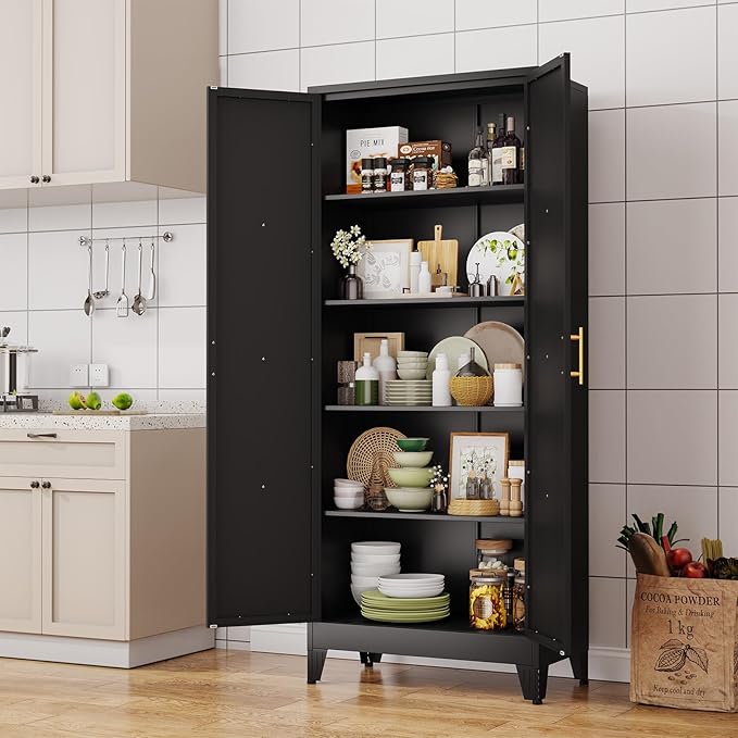 71" H Metal Kitchen Pantry Storage Cabinet, Freestanding Cupboard with 2 Doors and 4 Adjustable Shelves, Standing Storage for Kitchen, Bathroom, Garage, Dinning Room or Utility Room(Black)