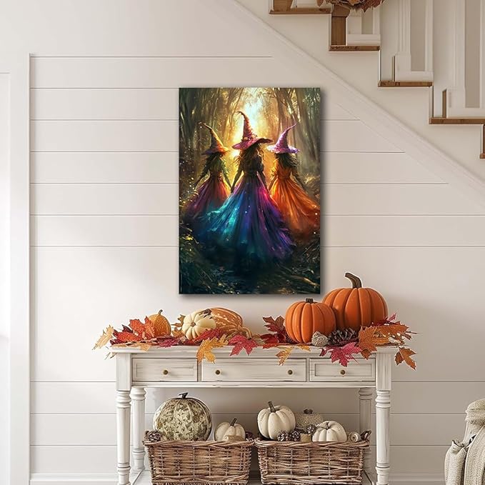 Halloween Room Decor Wall Art Colorful Witch Prints,Vintage Three Colorful Witches in Forest Halloween Posters,Fall Fantasy Aesthetic Pictures Playful Art Wall Decor for Bedroom,8"x12" Framed