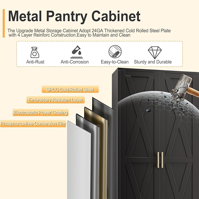 75" Tall Metal Kitchen Pantry Storage Cabinet, Freestanding Cupboard with 2 Doors and 5 Adjustable Shelves, Standing Storage for Kitchen, Bathroom, Garage, Dinning Room or Utility Room(Black)