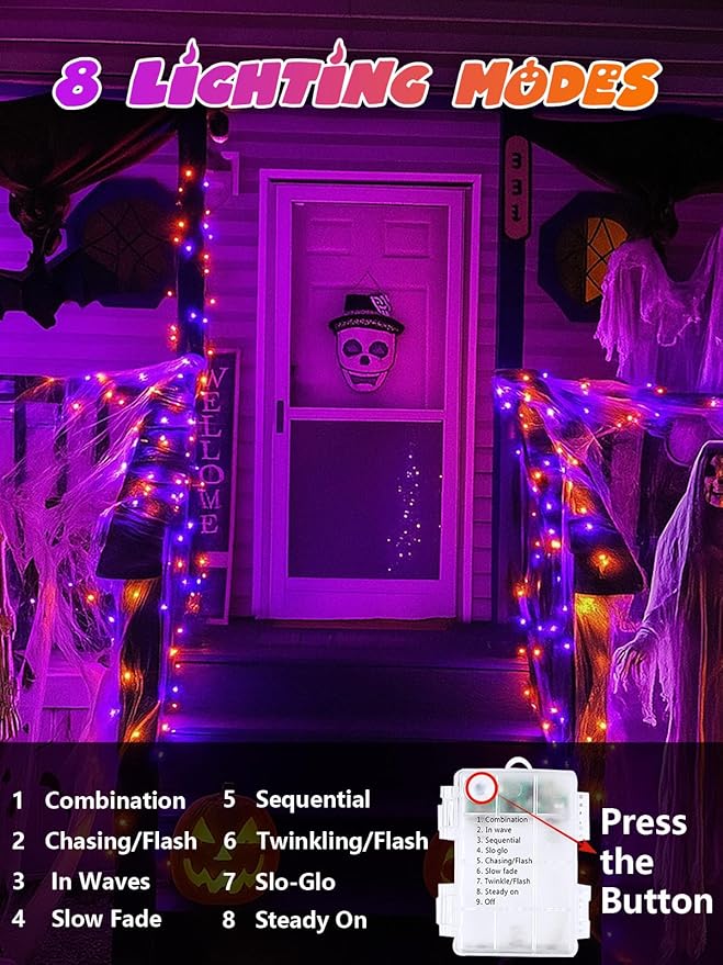 2 Pack Halloween String Lights Battery Operated with Timer, 66FT 200 LED Waterproof Orange and Purple Lights, Twinkle Fairy Light with 8 Modes for Indoor & Outdoor Party Bedroom Halloween Decorations