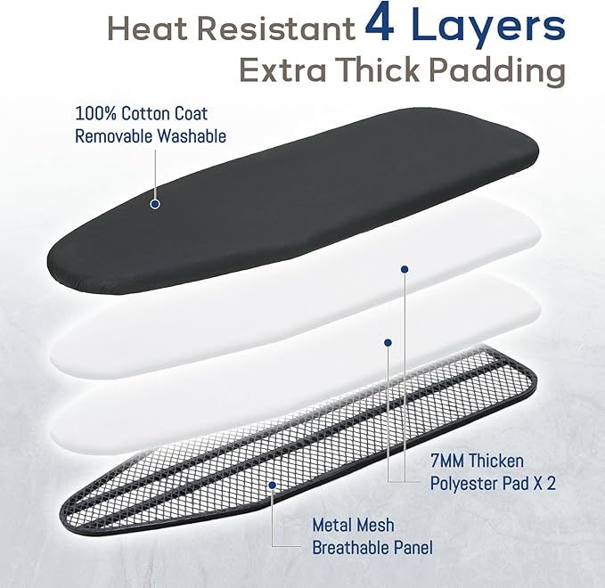 Ironing Board 43x13 with Iron Rest, RAINHOL Compact Iron Board Full Size with Thick Cover and Pad, Easy Storage Hanger with Heat-Resistant Silicone Pad, Space Saving and Height Adjustable, Black