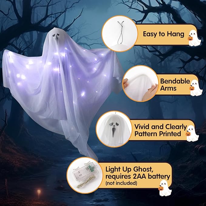 6 Pack Halloween Hanging Ghost Decorations with Lights, 27.5 Inch LED Light-Up Spooky Ghosts Indoor Outdoor Ornaments, Halloween Flying Hanging Ghosts for Haunted House Prop, Front Yard Patio Party