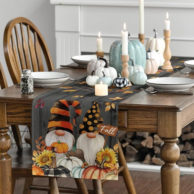 Artoid Mode Fall Gnomes Pumpkins Sunflower Maple Leaves Thanksgiving Table Runner, Seasonal Harvest Vintage Kitchen Dining Table Decoration for Indoor Outdoor Home Party Decor 13 x 72 Inch