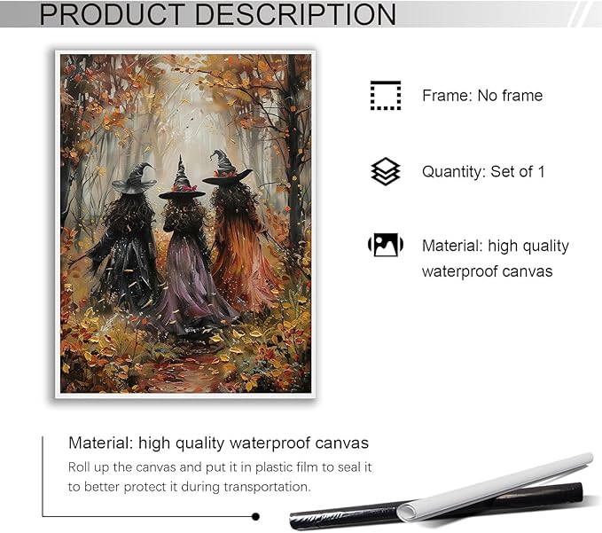 Generic Vintage Three Witches In The Forest Painting Witch Print Witchy Canvas Print Halloween Wall Art Halloween Decor Witch Poster Dark Academia Gothic Room Decor for Dorm Bedroom 24x36in Unframed
