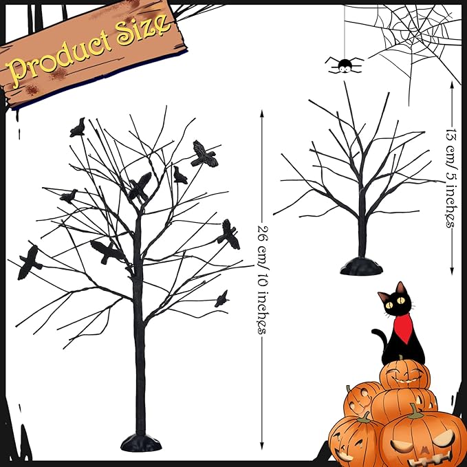 Amyhill 2 Pcs Halloween Village Trees With Black Crows - Artificial Bare Branch Tree Figurine Set for Home Decor and Village Accessories