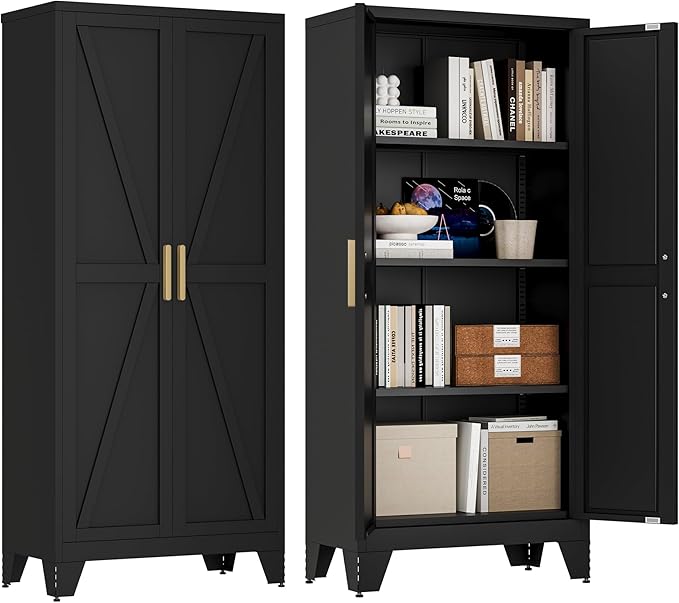 61" Tall Farmhouse Metal Pantry Cabinet, Kitchen Pantry Storage Cabinets with 2 Barn Door and Adjustable Shelves,Metal Pantry Storage Cabinet,for Kitchen,Laundry Room,Home Office,Kids Room (Black)