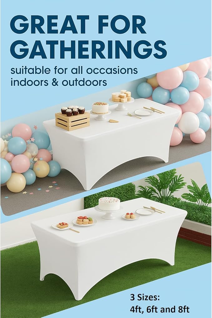 Craft And Party 2 Pack 4ft White Spandex Tablecloth – Fitted Stretch Cover – Universal Fit for Folding Tables – Wrinkle-Free, Washable – Ideal for Parties, Weddings, Events