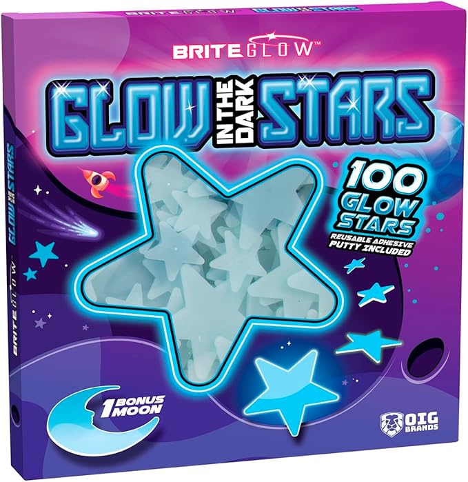 100PK Blue Glow in The Dark Stars for Ceiling Easter Basket Stuffers for Kids - Star Brite Plastic Glow Stars with Moon & Putty Ages 4,5,6,7,8,9,10,11,12 for Bedroom Space Night Light Room Non-Toxic