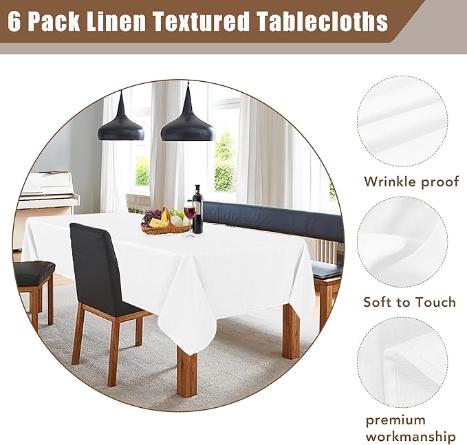 Fitable Faux Linen White Tablecloths for Rectangle Tables - 60 x 84 Inch - 6 Pack Fabric Textured Folding Table Clothes Faux Burlap 4 Ft Table Covers for Wedding, Party, Banquet, Birthday