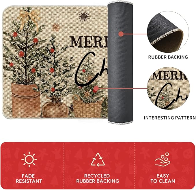 Artoid Mode Holly Ornament Merry Christmas Kitchen Mats Set of 2, Winter Home Decor Low-Profile Kitchen Rugs for Floor - 17x29 and 17x59 Inch