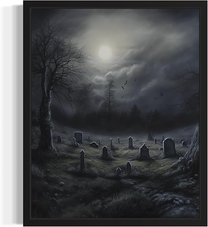 Gothic Graveyard Poster Art Print, Halloween Scary Vintage Wall Art Academia Spooky Painting Decoration for Horror Prints, Posters Bedroom Decor 89 (Gothic Graveyard, 8 x 10 inches, Black Frame)