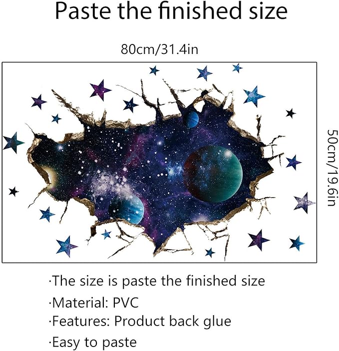 3D Space Galaxy Wall Decor Stickers, Removable Broken Outer Space Planet Waterproof Vinyl Floor Decals, 3D Art Magic Wall Mural Decals for Bedroom Living Room Home Wall Decor