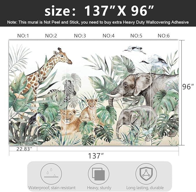 '-Tropical Rainforest Plants Animals Tigers Fabric Wallpaper Jungle Plants Banana Leaves Boys Girls Kindergarten Children Bedroom Large Mural- 137"x96"( not Peel and Stick)