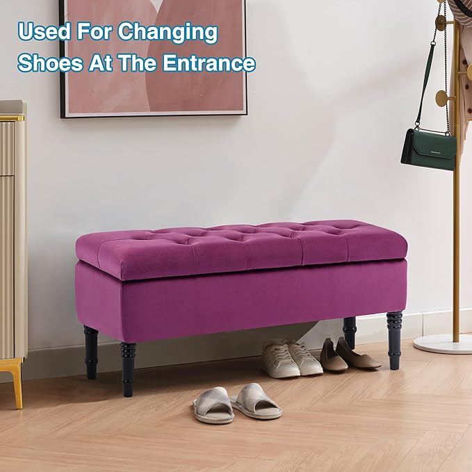 Ottoman with Storage Velvet Storage Bench Holds Up to 500 lbs Ottomans Upholstered Bench with Seating for Bedroom, Living Room, Purple