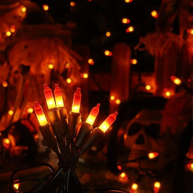 Brizled Candy Corn Halloween Lights, 100 Count Orange & Yellow UL Certified Incandescent Mini String Lights, Black Wire, Indoor & Outdoor Lighting Decoration