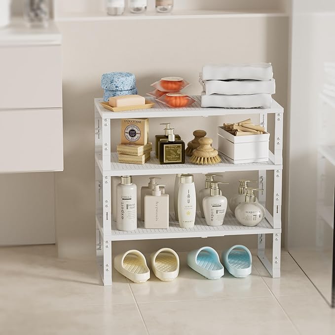 Expandable Spice Rack,Stackable Storage for Cabinet, Multi-Functional Kitchen Shelving,Height-Adjustable,Sustainable Organizer Solution(2Packs/White/Medium)