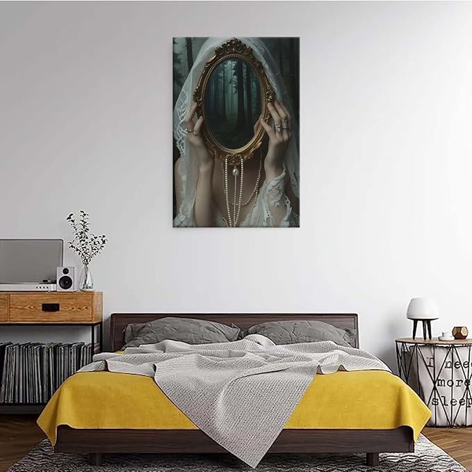 Mirror face covering dark art poster print melancholy gothic painting vintage feminine print victorian style decoration antique art8x12in Wood Framed