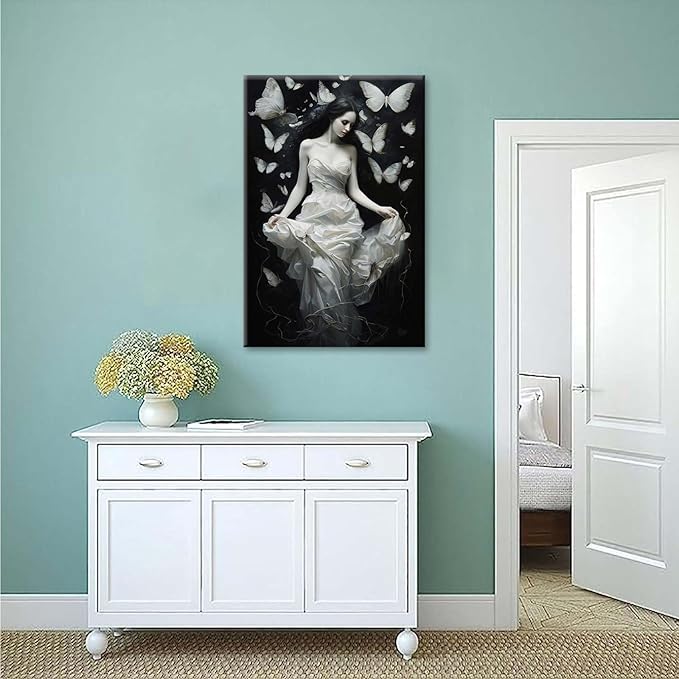 Vintage Gothic Feminine Canvas Wall Art Print Butterfly Poster Moody Preppy Wall Art Dark College Decor for Home Bedroom20x30in Wood Framed