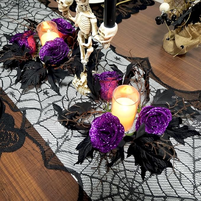2pcs 11.8" Halloween Candle Rings Wreaths Artificial Glitter Purple Roses Dead Branches Black Leaves Candle Rings Holder Halloween Mini Wreaths for Table Centerpiece Home Dinner Table Christmas Decor