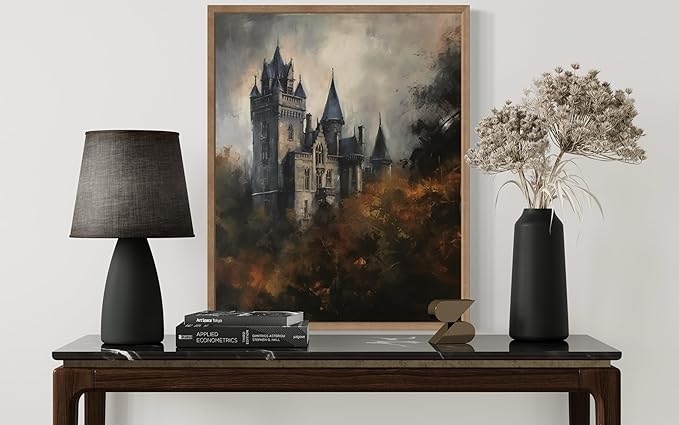 Old Castle Poster Art Print, Halloween Scary Vintage Wall Art Academia Spooky Painting Decoration for Horror Prints, Gothic Posters Bedroom Decor 89 (Old Castle, 16 x 20 inches, Wood Frame)