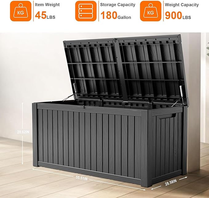 180 Gallon Deck Box Large Outdoor Storage for Patio Furniture,Outdoor Cushions,Garden Tools and Pool Supplies,Waterproof,Resin,Lockable(Black)