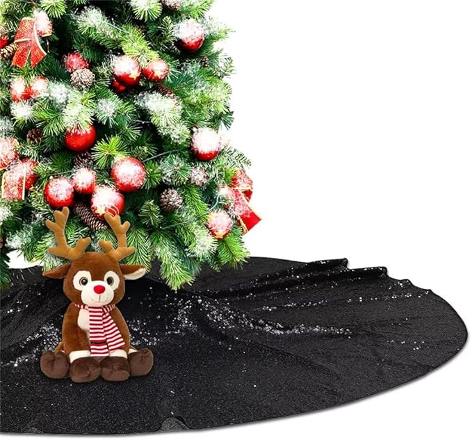 Eternal Beauty Christmas Tree Skirt, 70 Inch Black Halloween Sequin Tree Skirt Small Xmas Tree Skirt for Christmas Tree Decorations