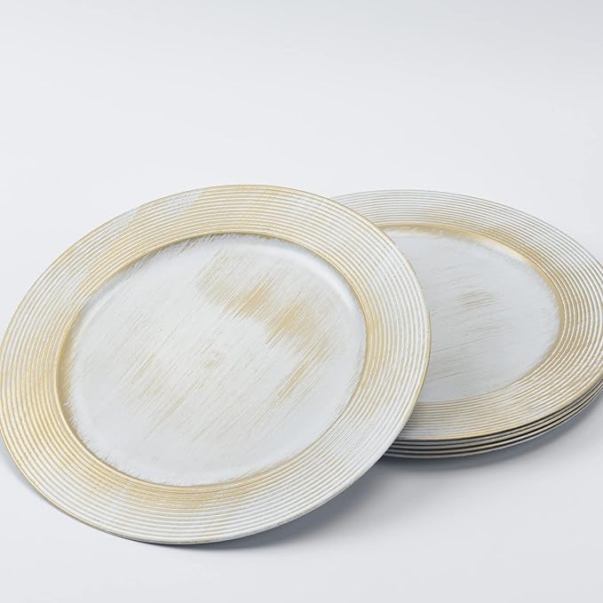 13" Round Charger Plates, 6 pack Ring Pattern Plastic Chargers for Dinner Plates, Vintage Charger Plate Set Bulk Wedding, White