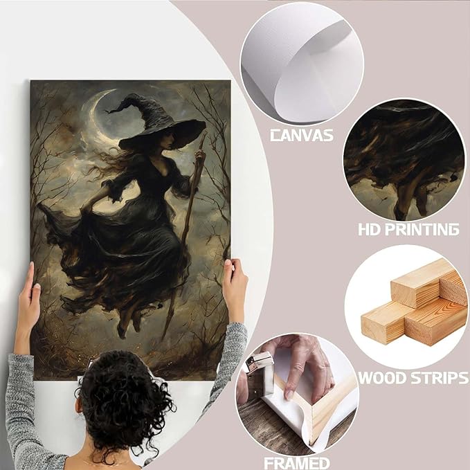 Witch in the Forest Halloween Print Wall Art Poster Witch Decor Vintage Print Dark College Wall Art Victorian Gothic Room Decor Canvas Wall Print28x40in Wood Framed