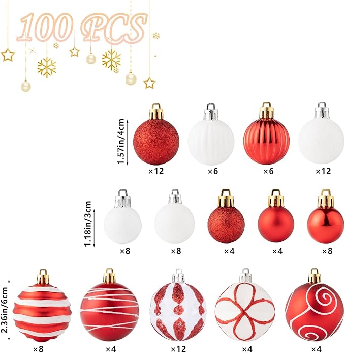 100Pcs Christmas Balls Ornaments Set, Shatterproof Christmas Decorations with Hand-held Gift Package for Xmas Tree/Holiday/Wedding/Holiday/Party Decor (Red & White)