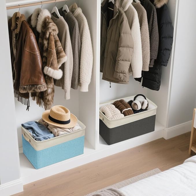 BALEINE 2 Pack Fabric Storage Bins for Shelves, Linen Storage Baskets for Organizing, Decorative Closet Bins for Clothes, Home (Grey, 15"x11"x9.5")